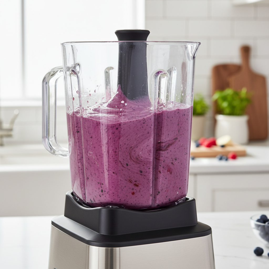 Thick smoothie bowl being blended in a high speed blender
