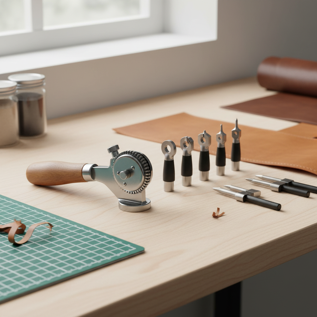 Leather hole punching tools laid out on a workbench: rotary punch, drive punches, and pricking irons