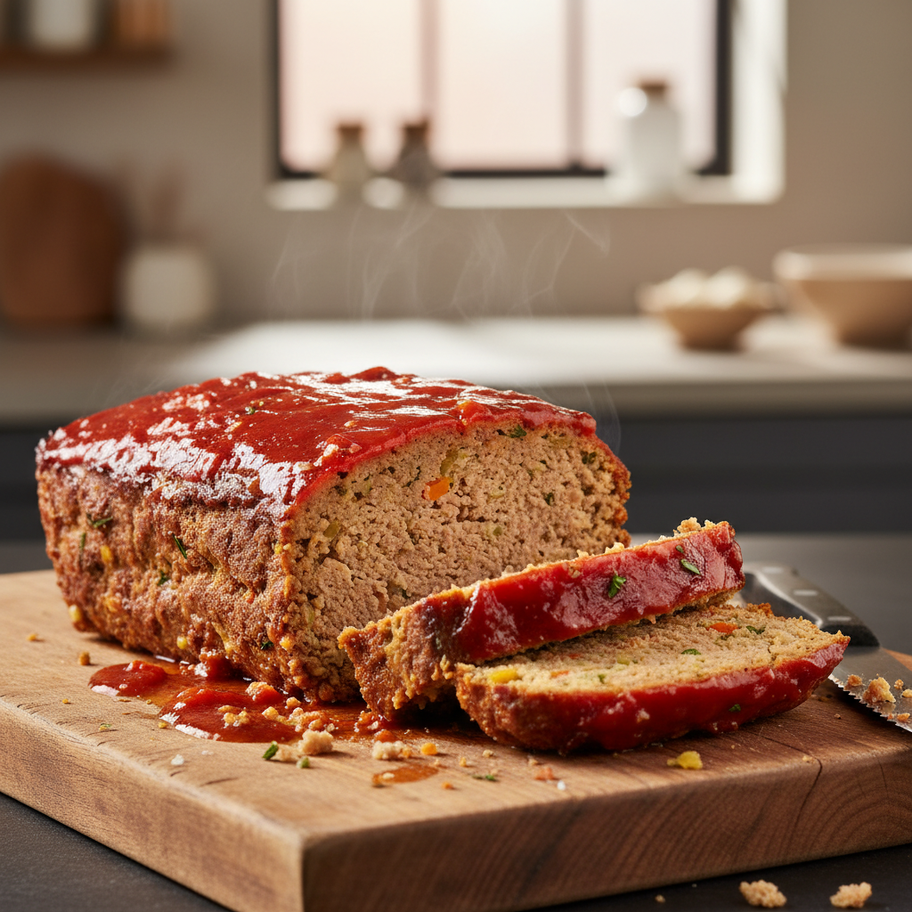 Moist sliced meatloaf with glossy glaze on a cutting board