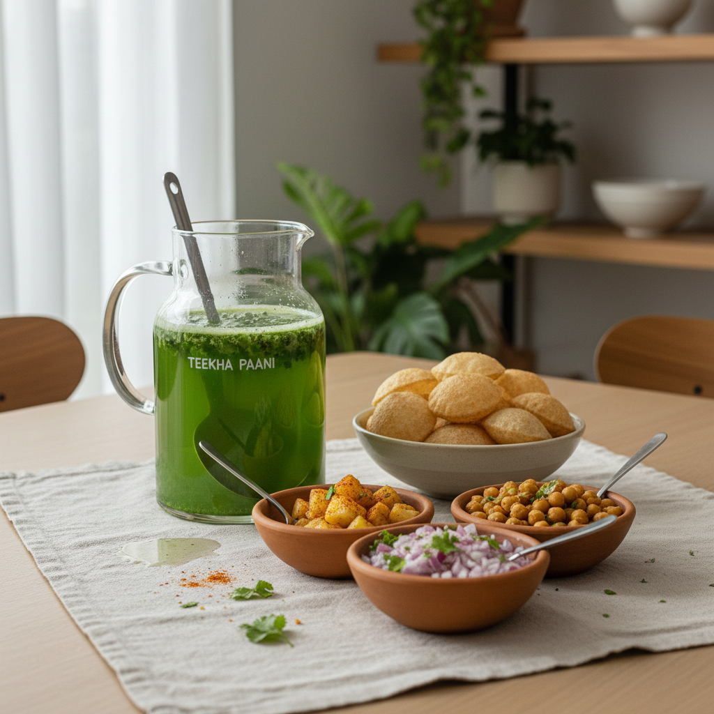 Serving teekha golgappe pani with puris and fillings on a home table setup