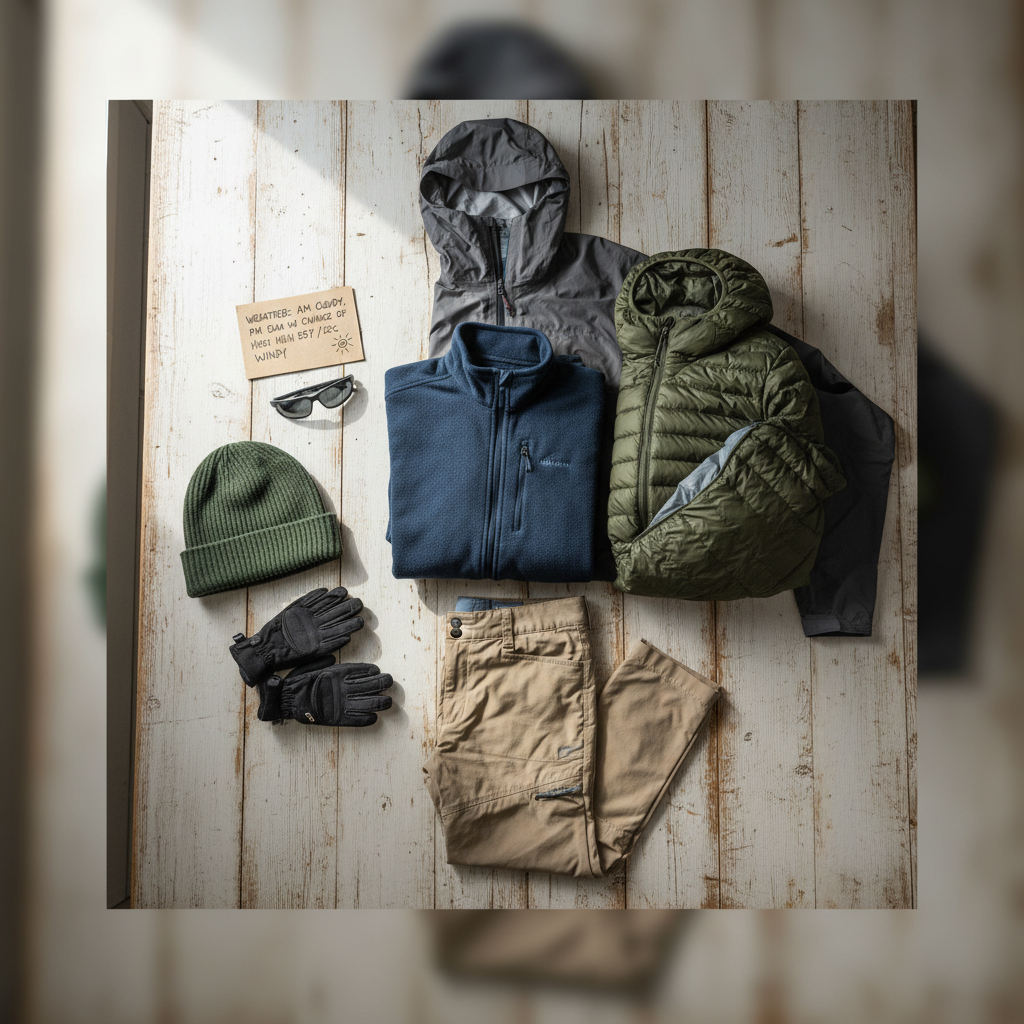 Layered mountain clothing system laid out for hiking preparation