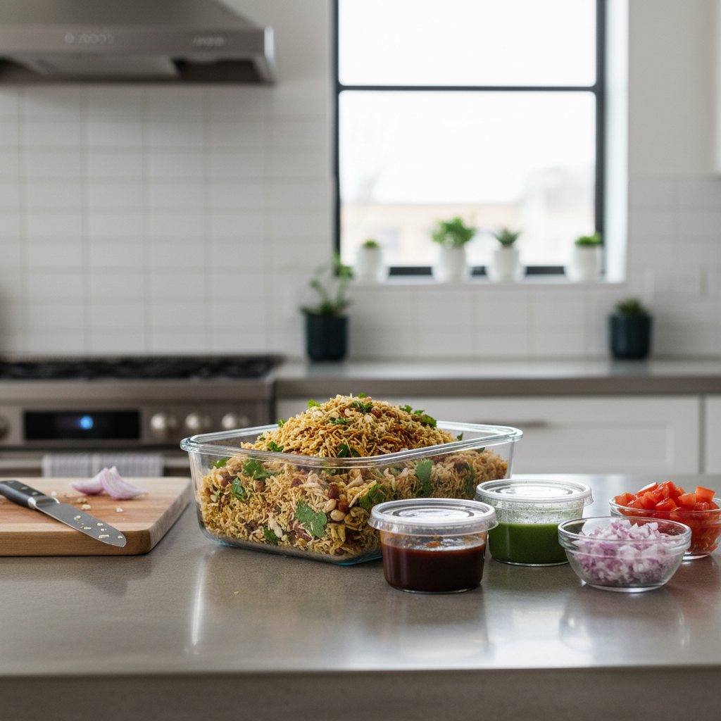 Meal prep containers for bhel puri: dry puffed rice mix and chutneys kept separate