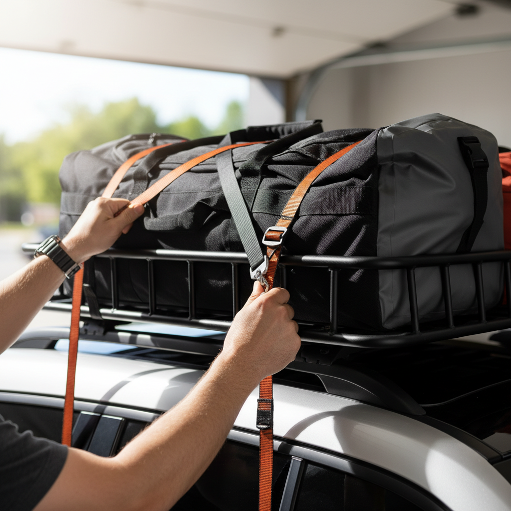 Properly securing cargo with cam straps on a roof top basket rack