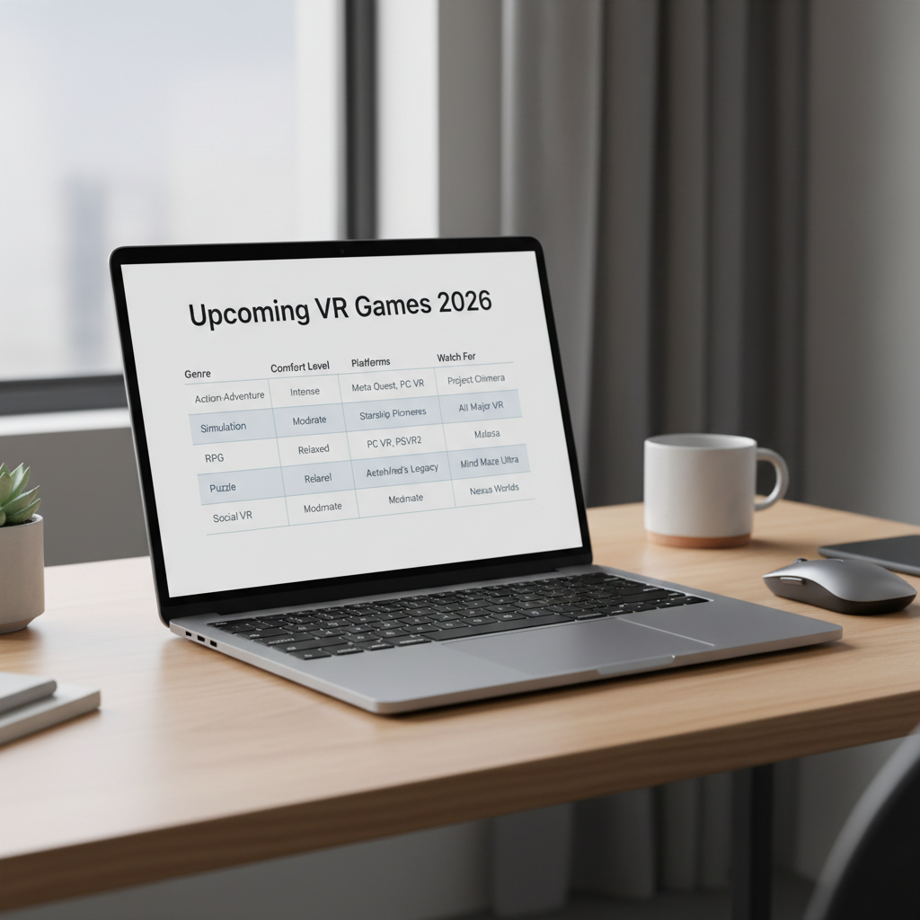 Table-style comparison of upcoming VR games 2026 by genre and comfort level