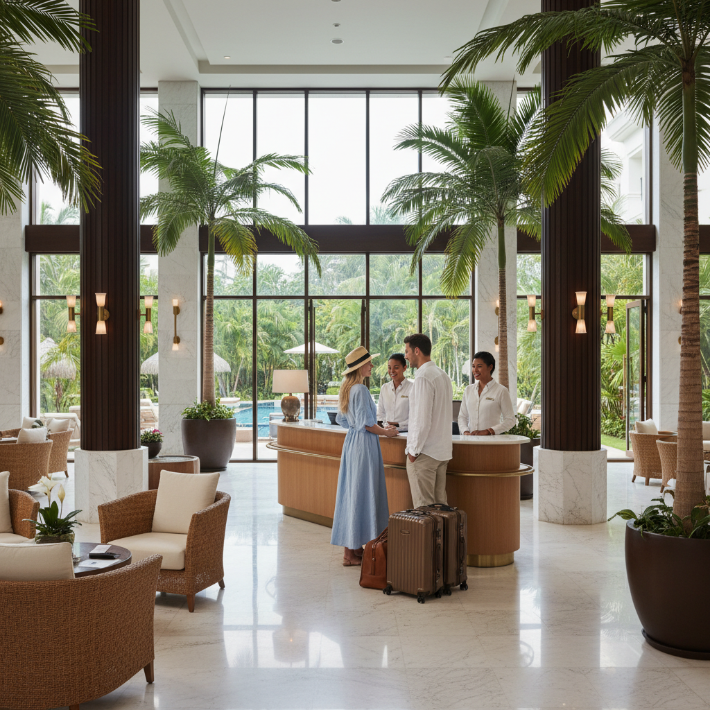Couple checking into an upscale all-inclusive resort lobby with modern design