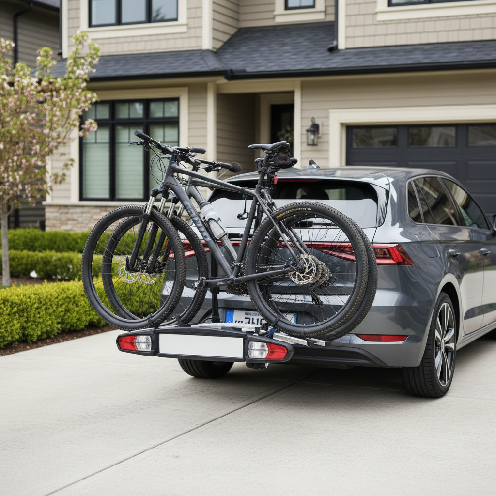 Rear mount car bike rack secured on a hatchback with two bikes