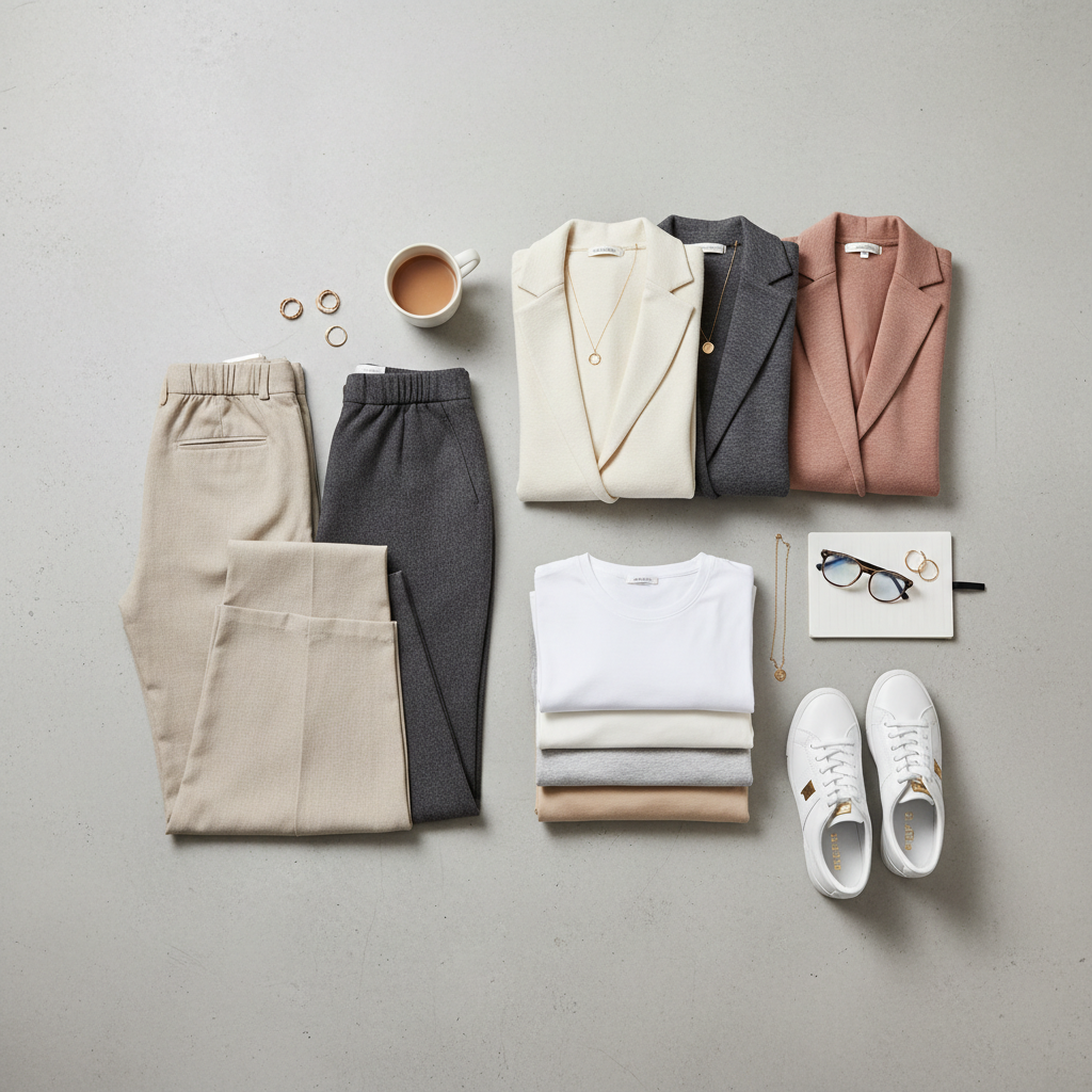 Flat lay of work-from-home outfit formulas: knit blazer, tee, trousers, sneakers, simple jewelry