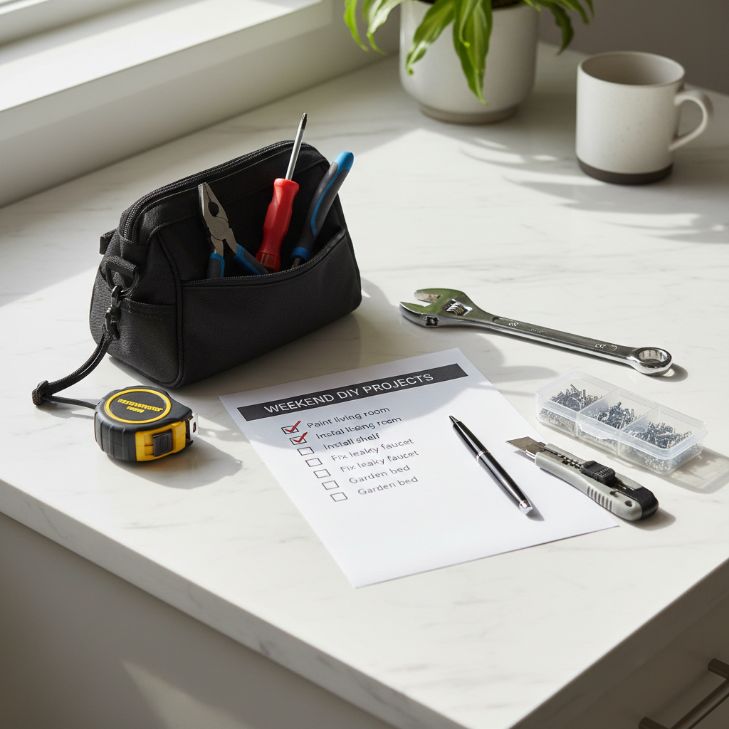 Home tool kit shopping checklist with hand tools and storage case
