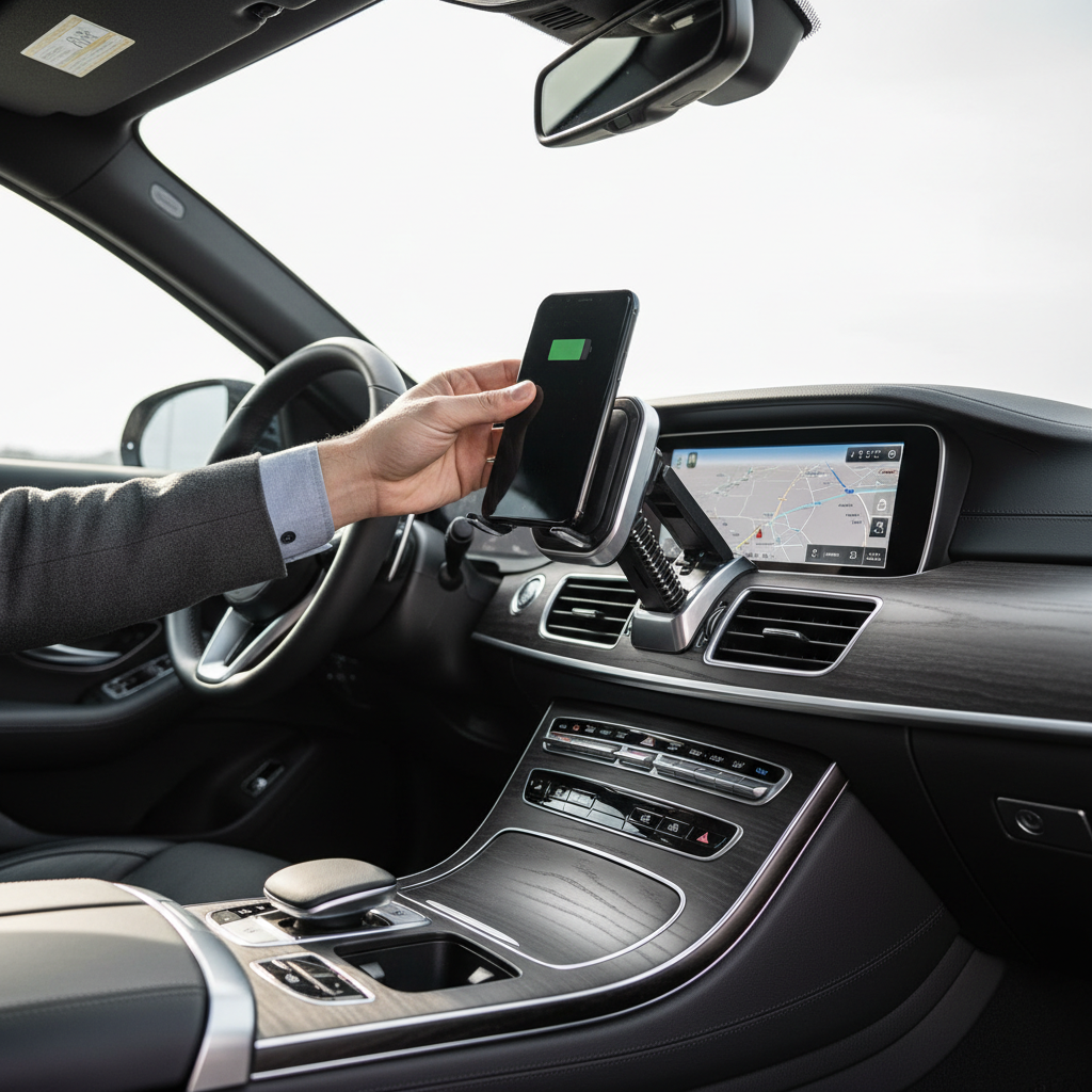 Driver placing phone one-handed into wireless charging car mount at center console area