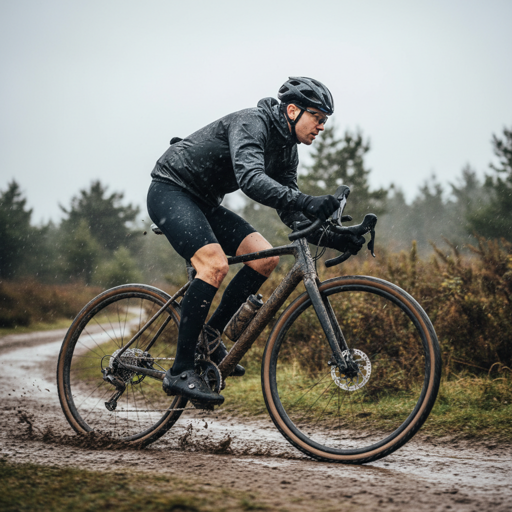 Cyclist wearing mud-protection gaiters on a rainy gravel ride