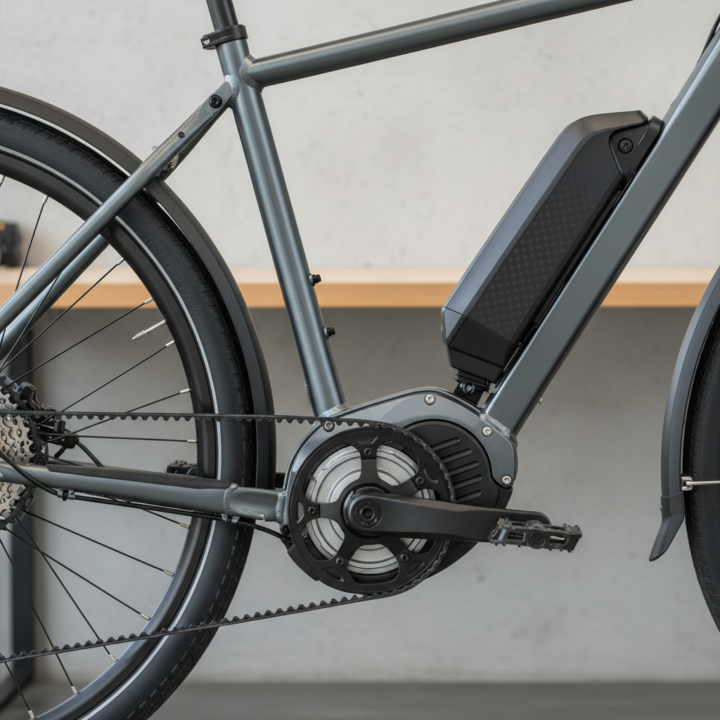 Close-up of electric bike motor, battery, and drivetrain components