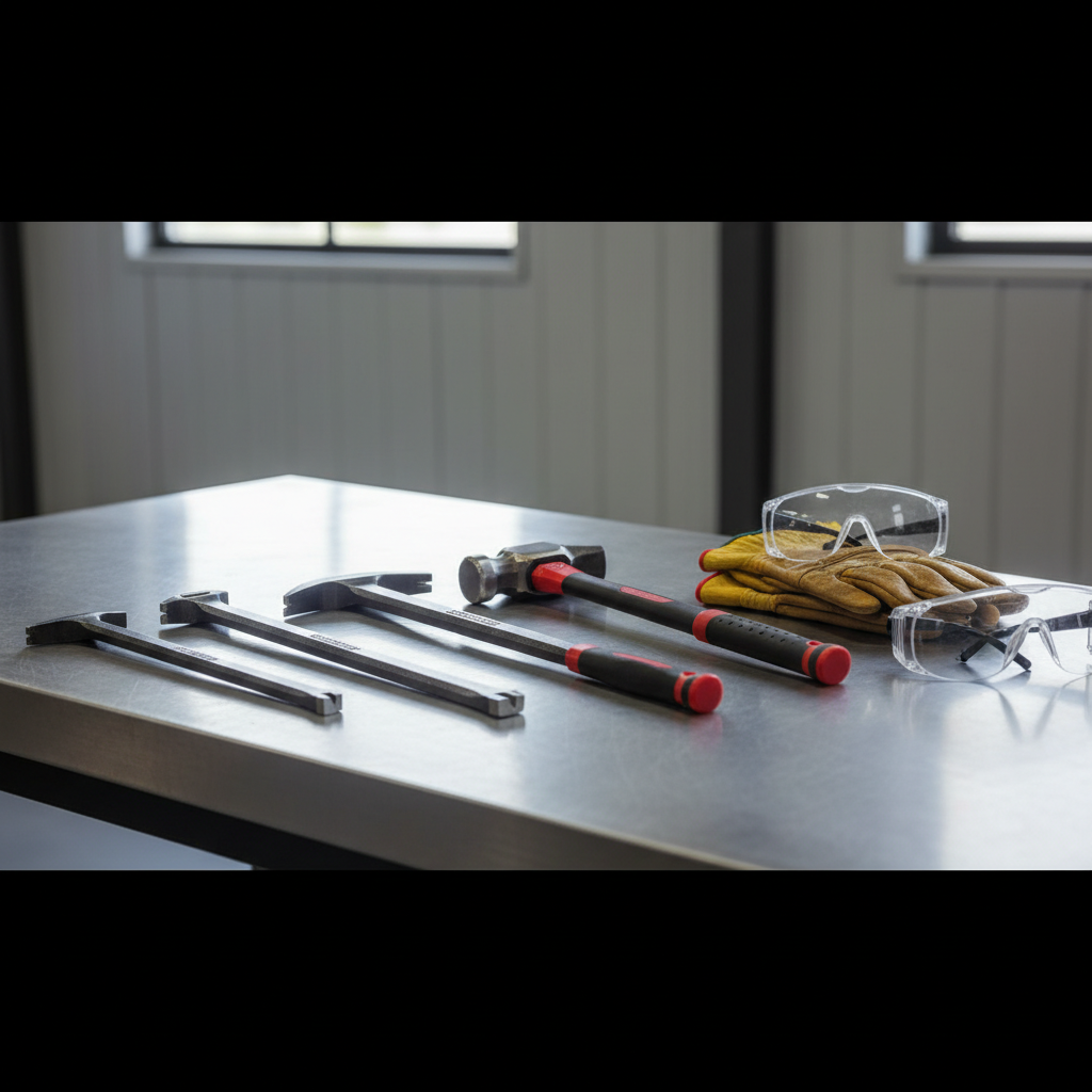 Pry bars and demolition tools laid out for jobsite demolition work
