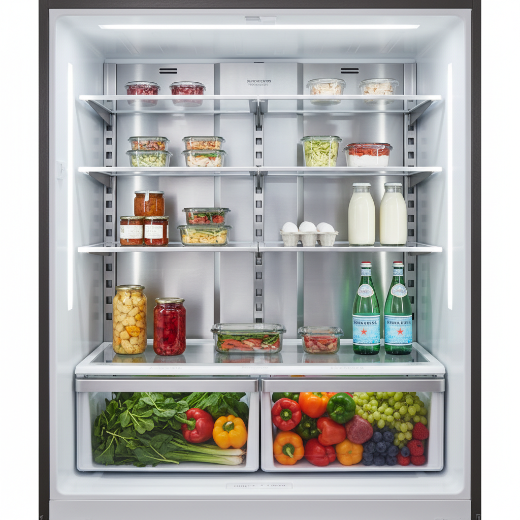 Organized refrigerator interior with adjustable shelves for small kitchens
