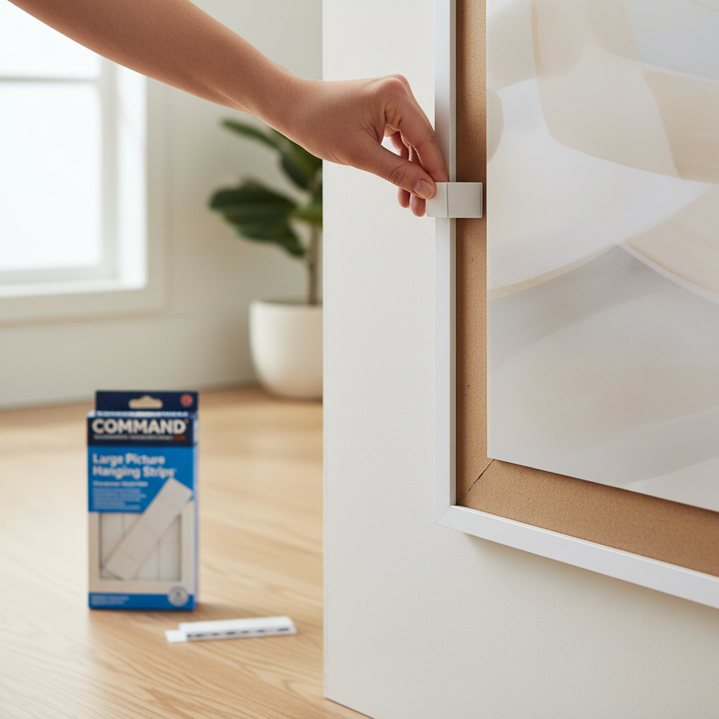 Close-up of removable picture hanging strips used on a framed print in a rental