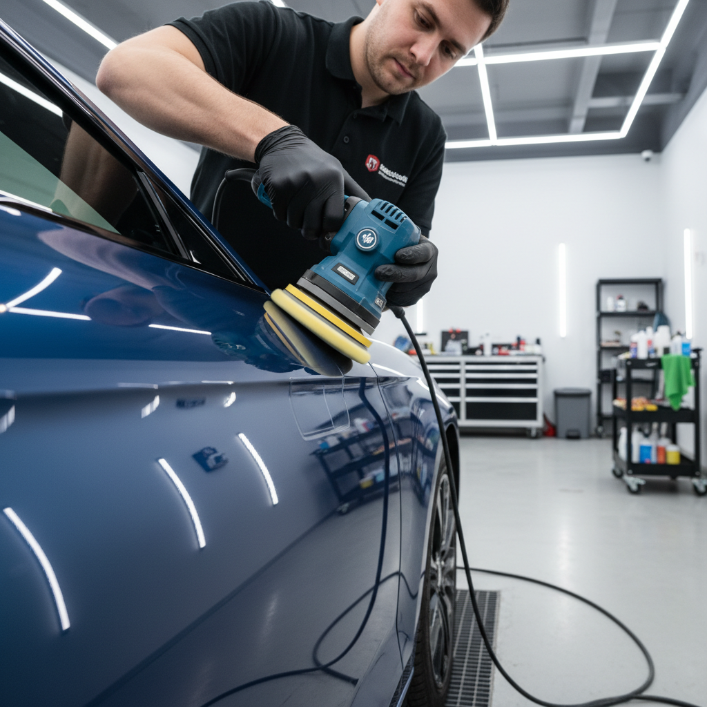 Polishing a car door to reduce sticker ghosting after decal removal