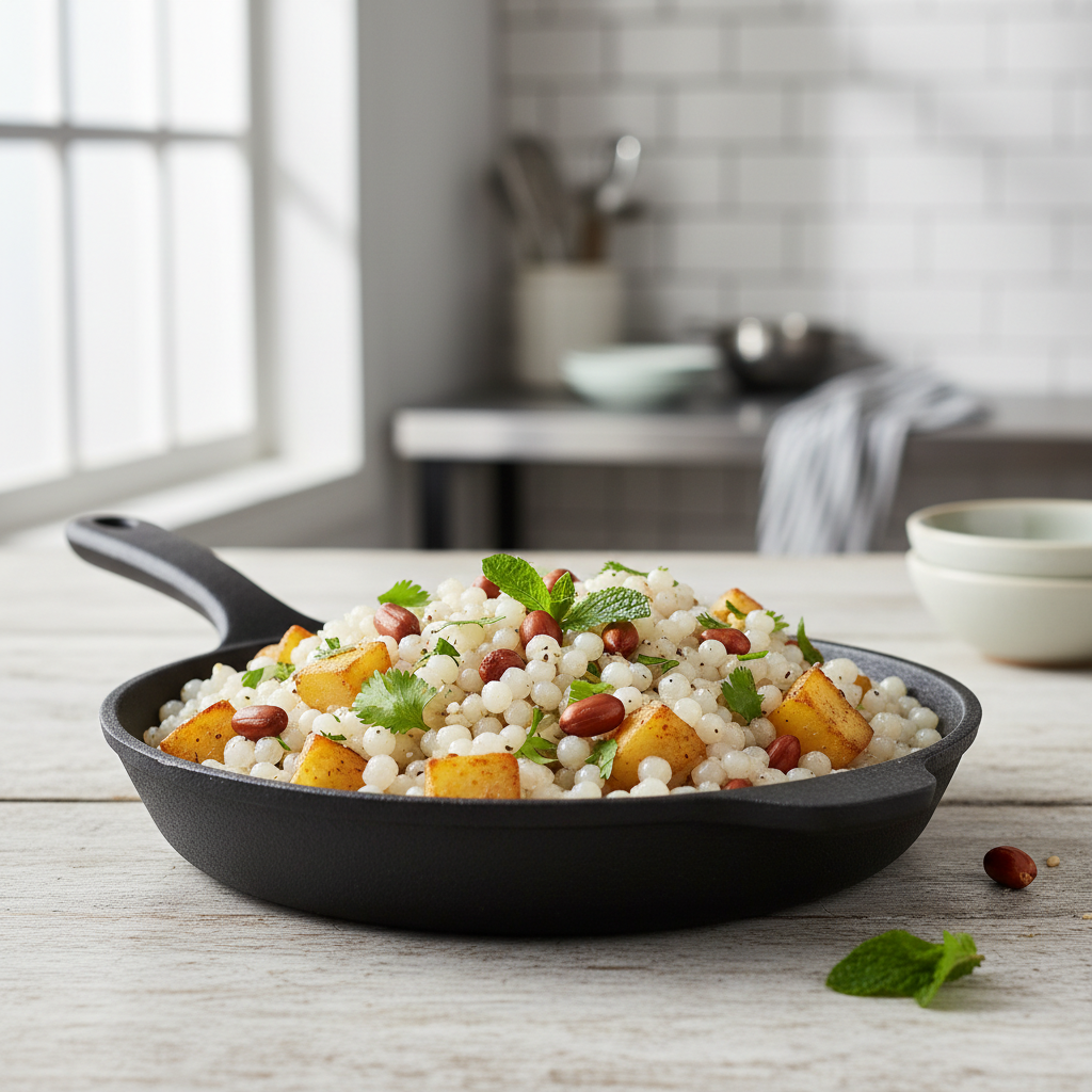 Fluffy sabudana khichdi with roasted peanuts, potatoes, and herbs in a skillet