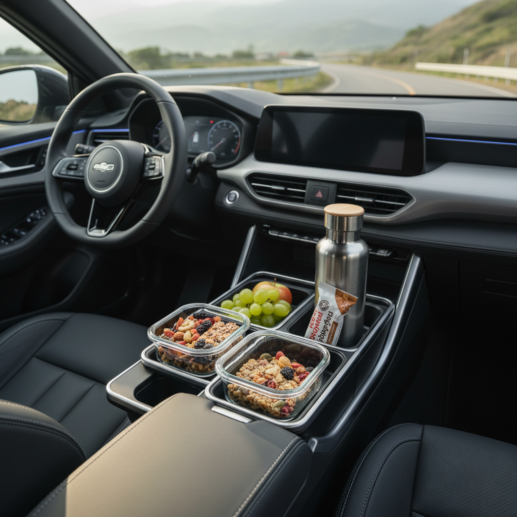 Driver-friendly one-hand snacks in a center console organizer