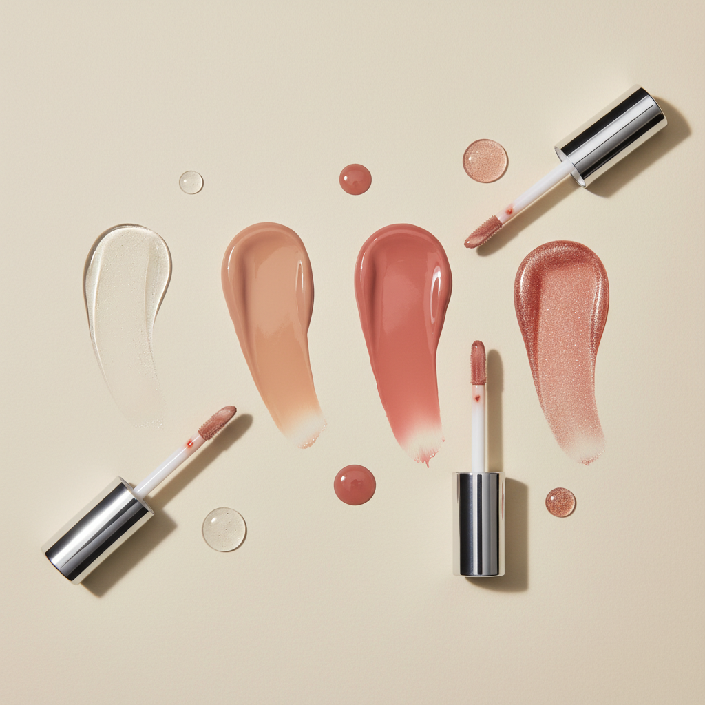 Shiny lip gloss swatches showing different finishes from glassy to shimmer