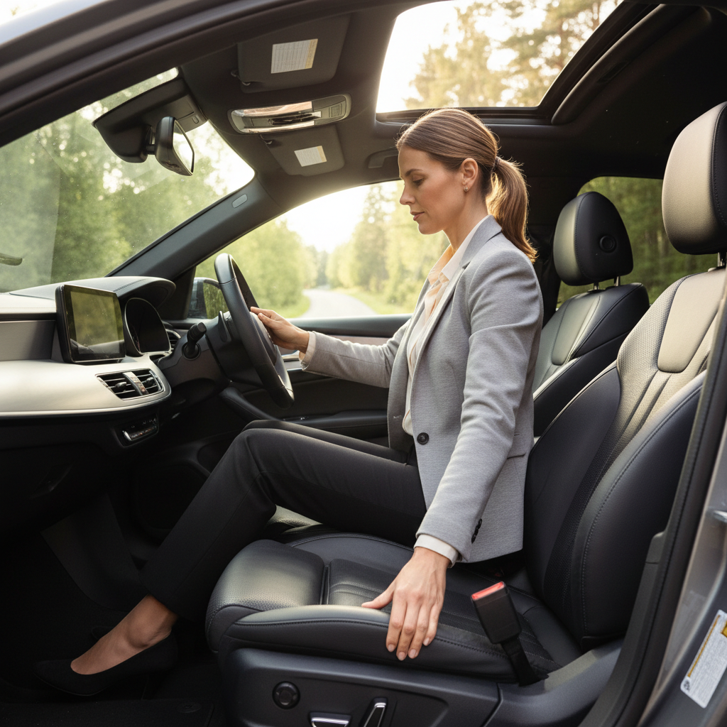 Driver adjusting seat height and lumbar support to reduce lower back pain in car