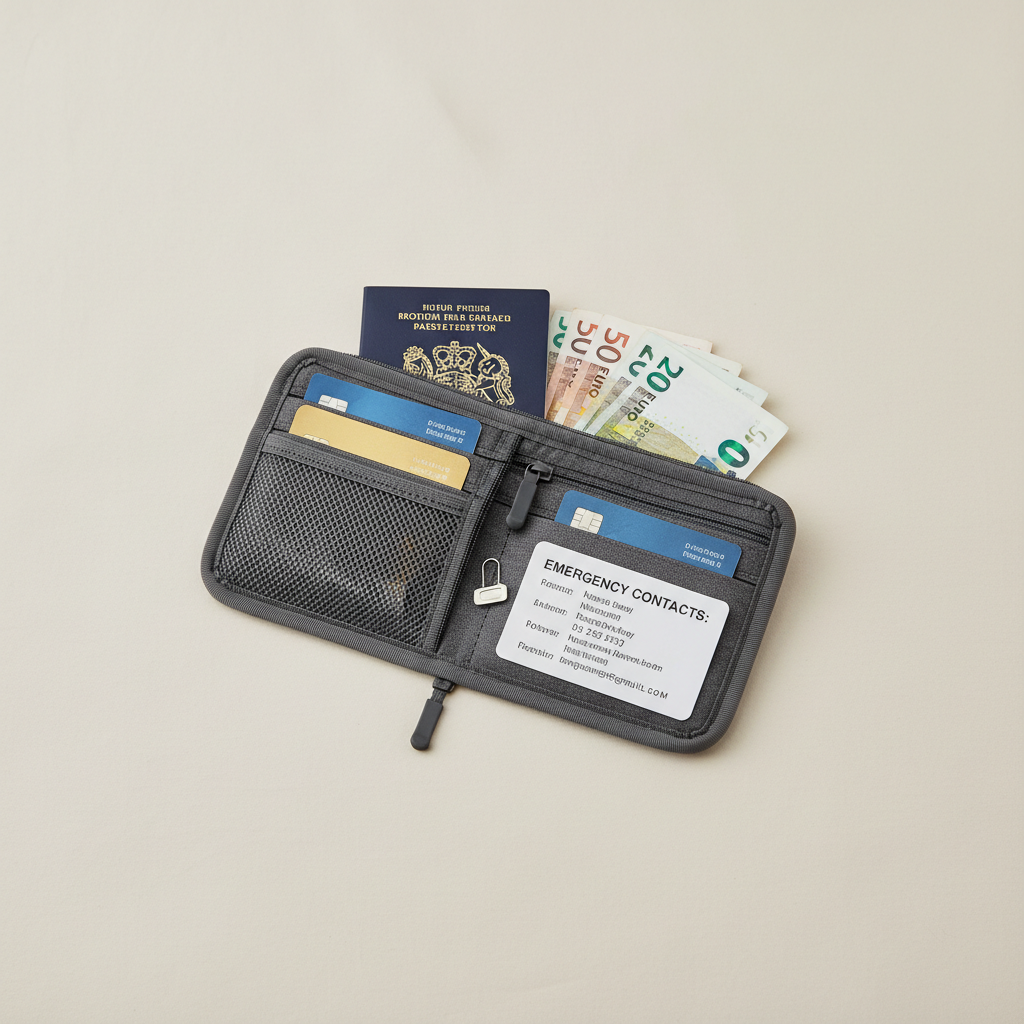 Travel essentials organized for a neck wallet: passport, two cards, cash, and copies