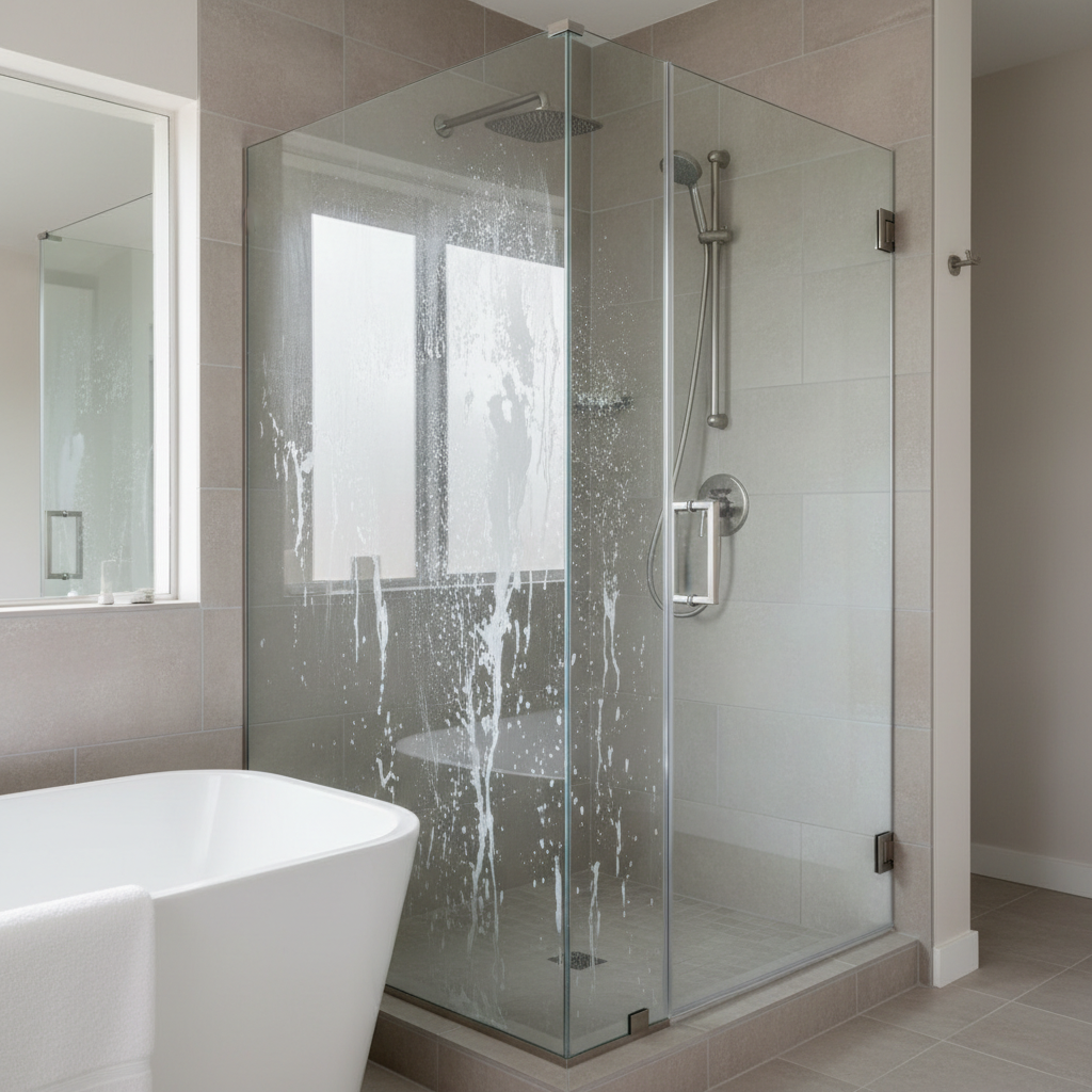 Cloudy soap scum buildup on glass shower door before cleaning