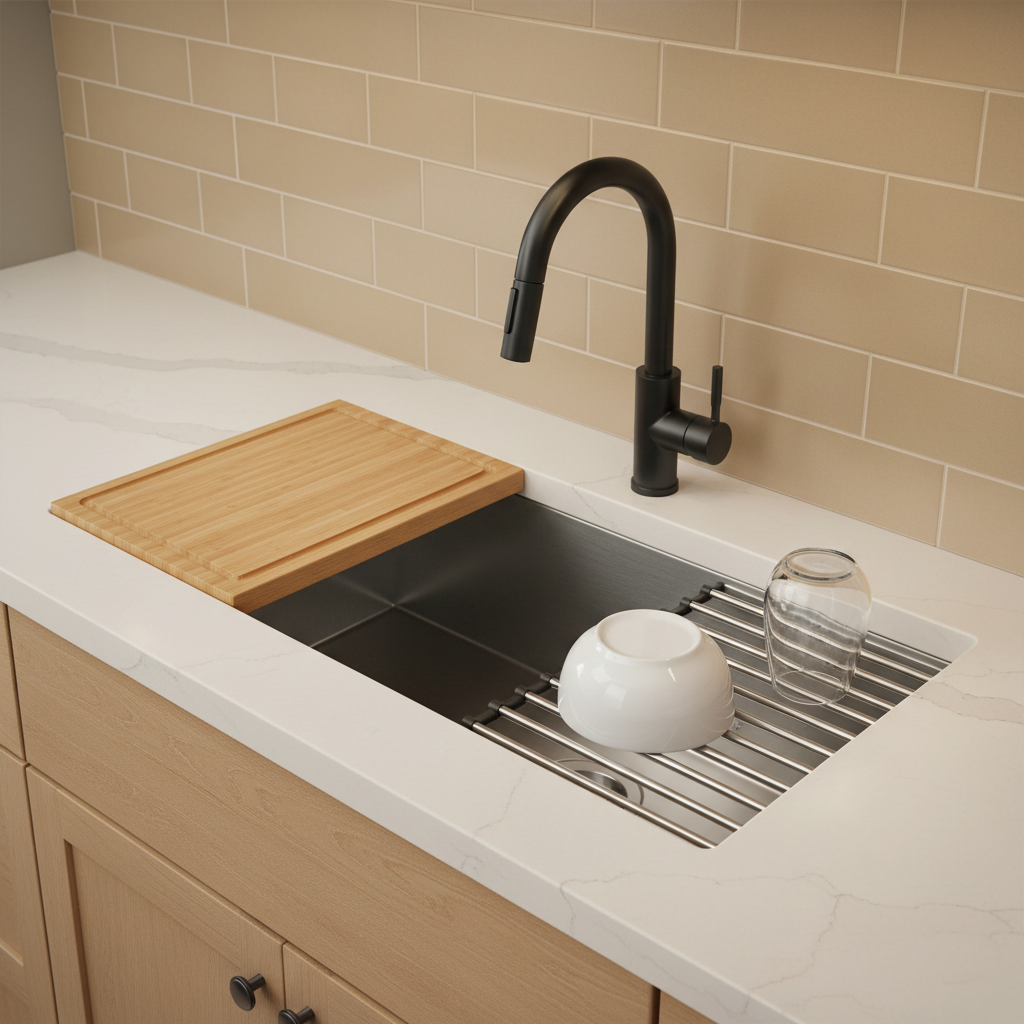 Small workstation kitchen sink with cutting board and drying rack