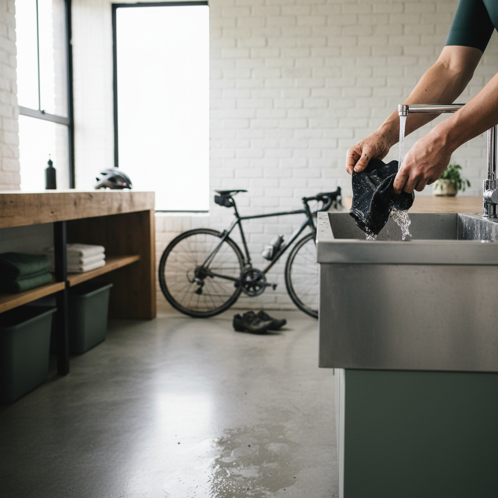 Cyclist cleaning muddy gaiters after a wet ride at home
