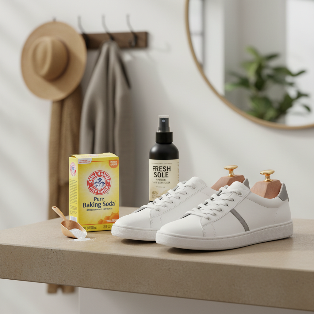 Smelly shoes quick deodorizing setup with baking soda and shoe spray