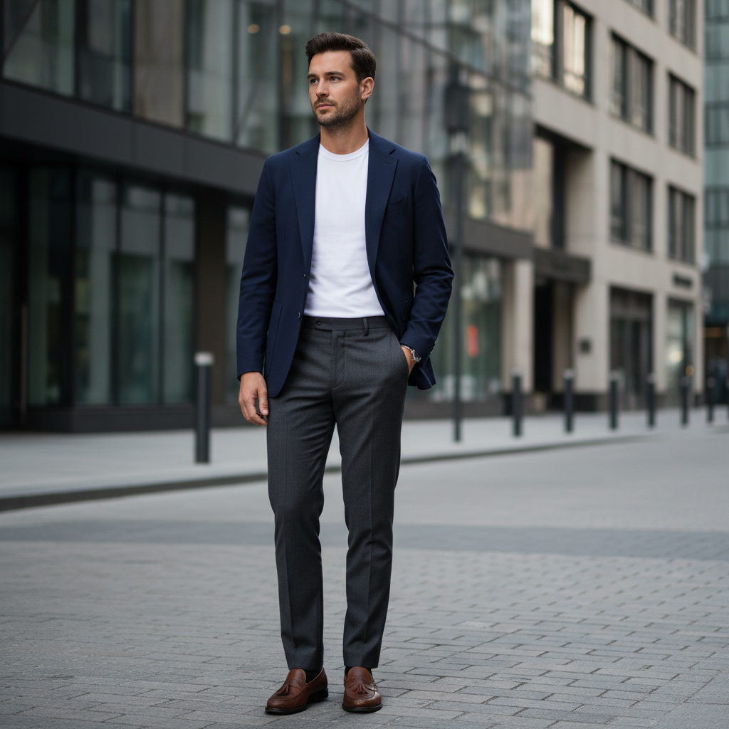 Men styling a plain white tee with a blazer and tailored trousers for smart casual