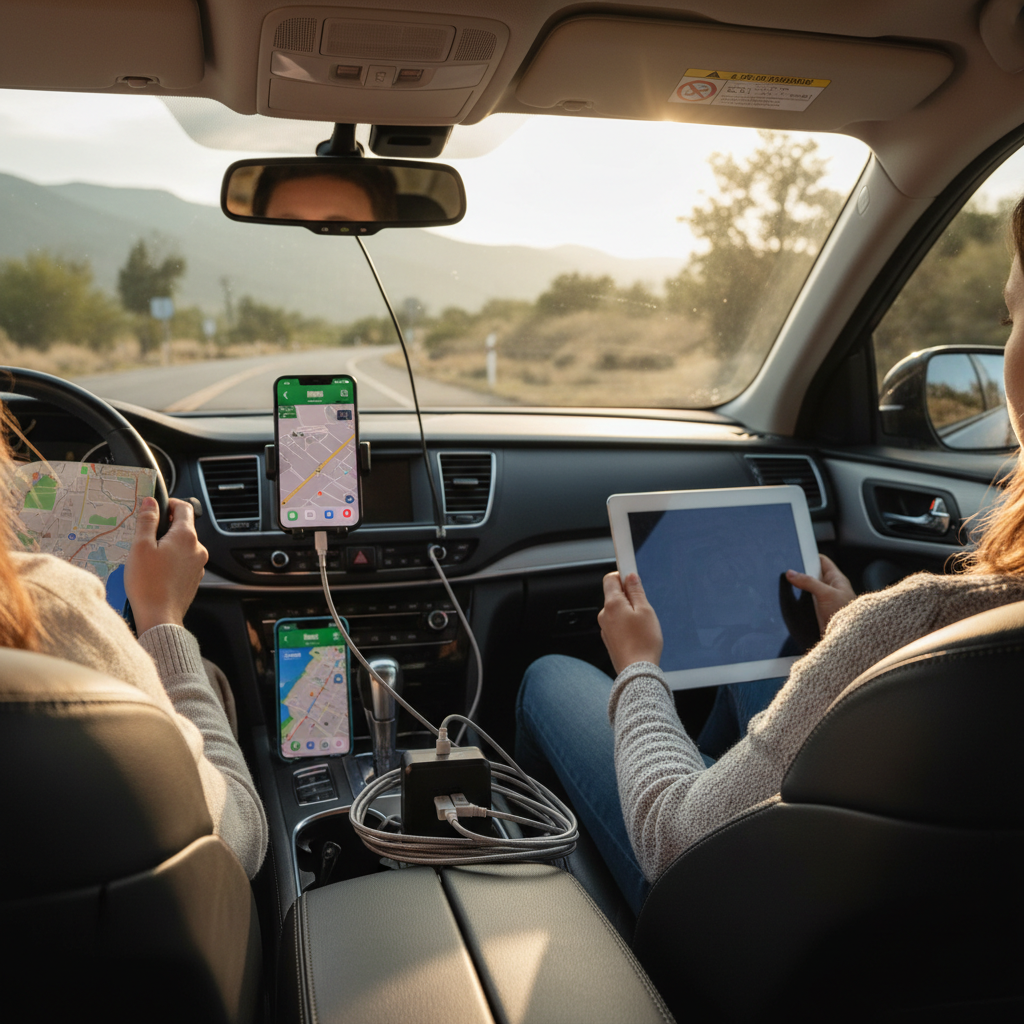 Family road trip charging multiple devices with a multi-port fast car USB charger