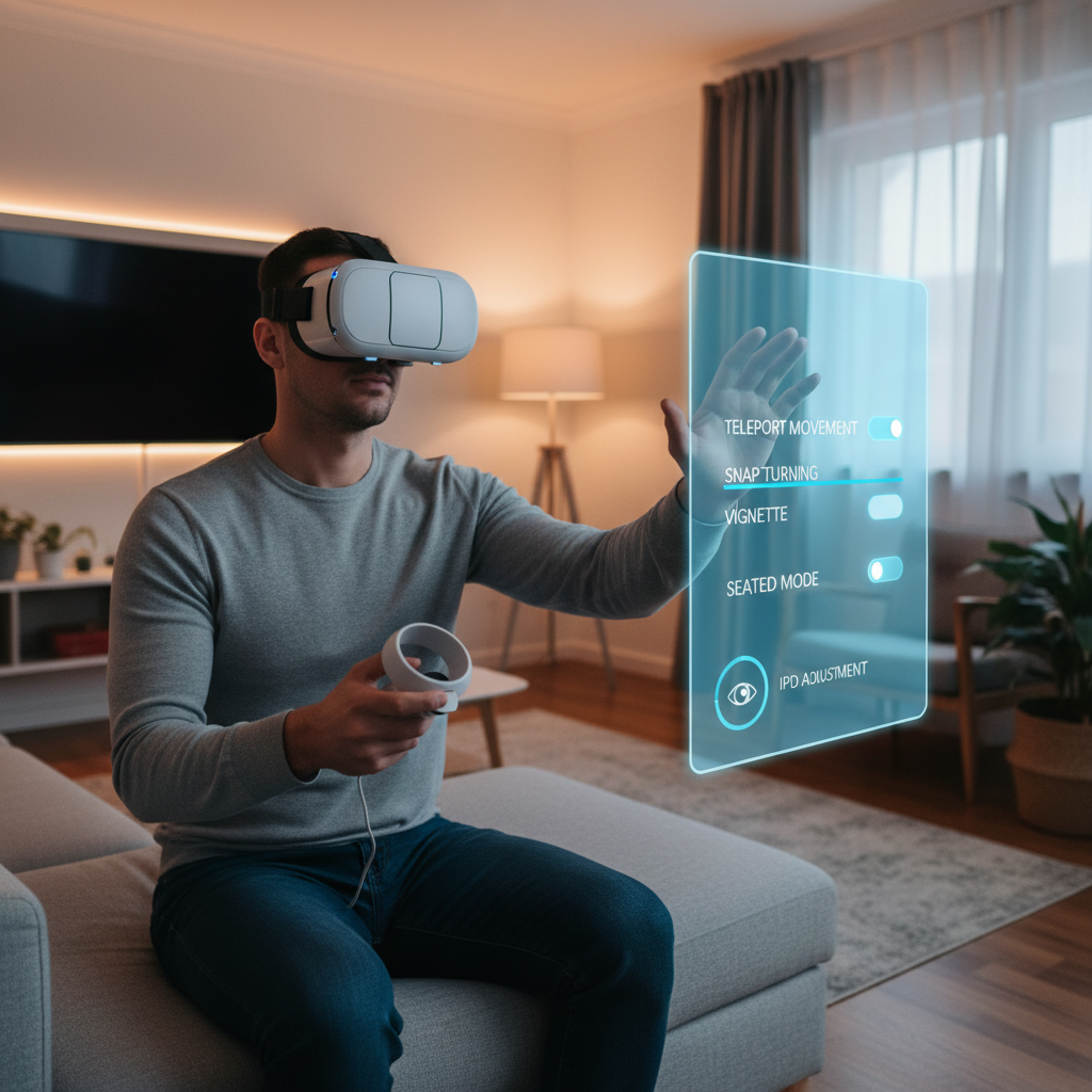 User adjusting VR comfort settings like snap turn and teleport movement