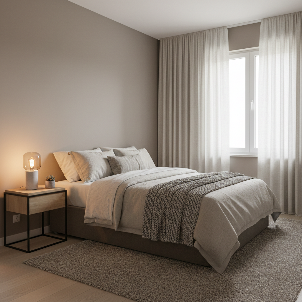 Small bedroom with properly sized rug, curtains, and warm neutral palette