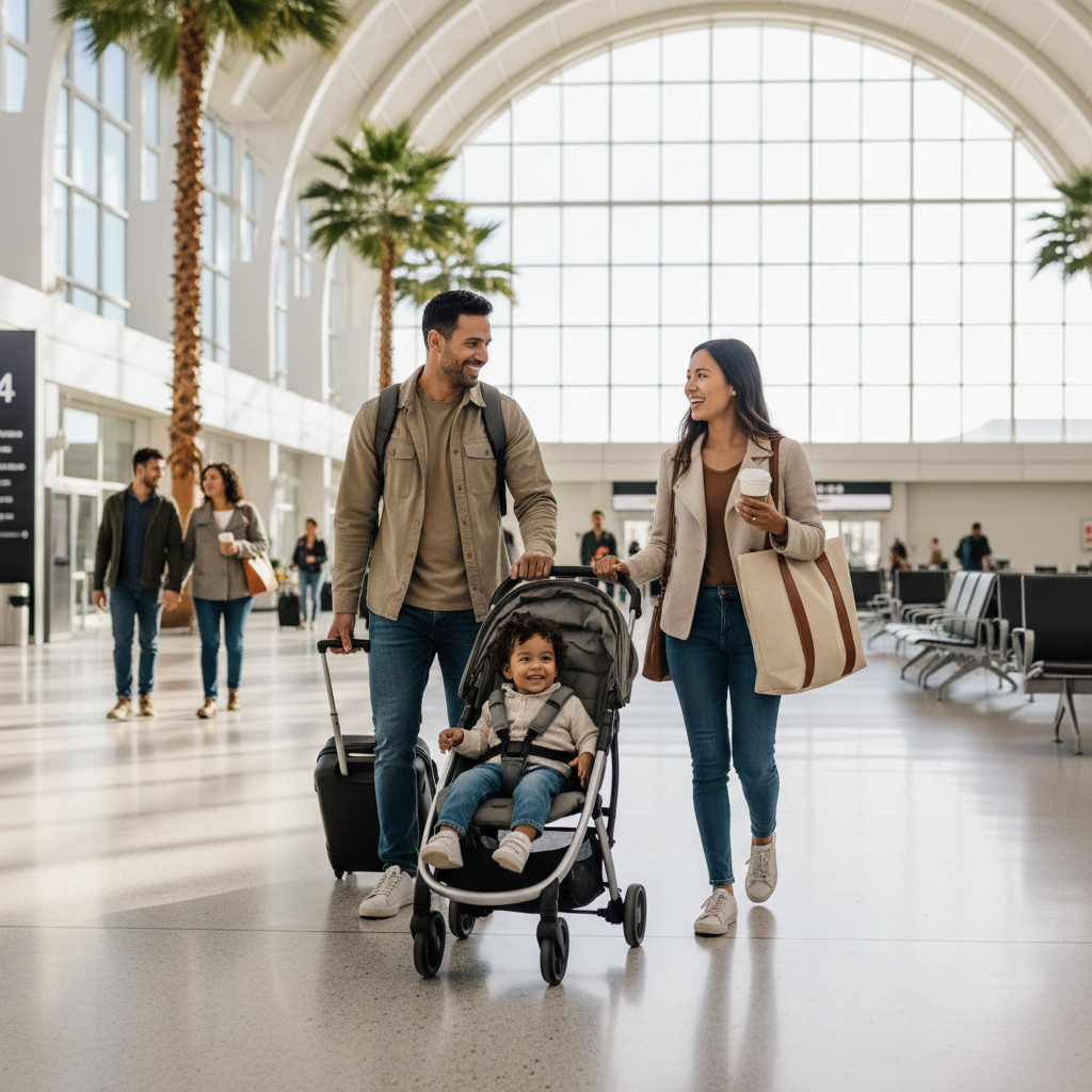 Parents traveling with a toddler in an airport with stroller and carry-on bags