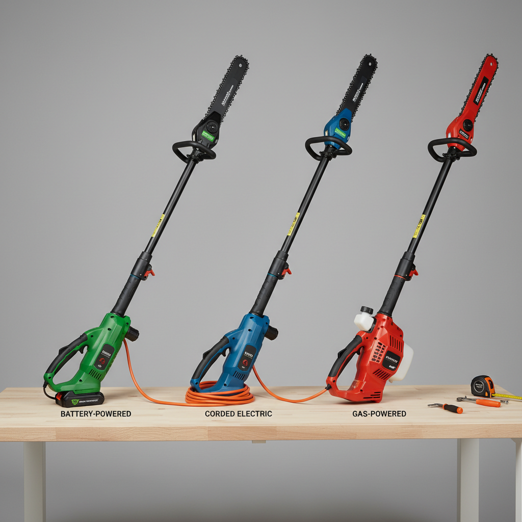 Comparison of battery, corded, and gas pole saws laid out on a workbench