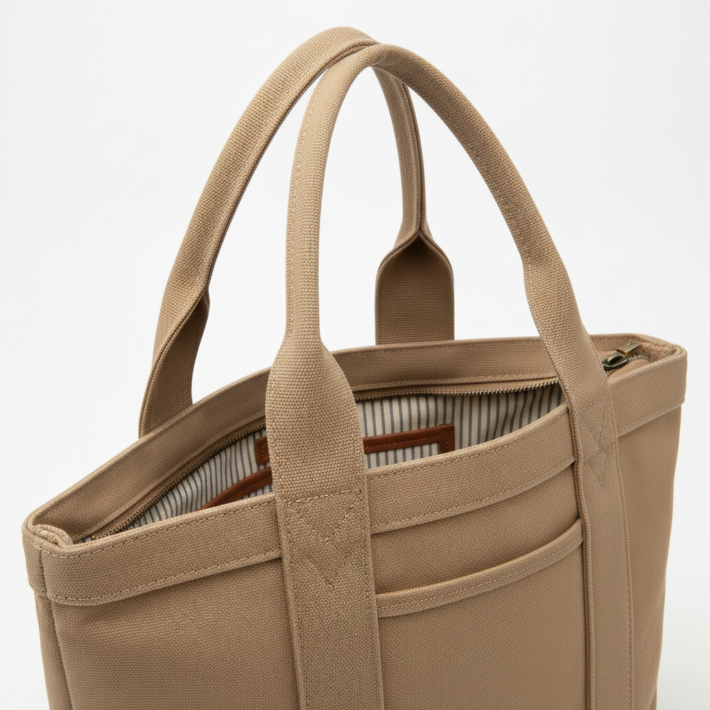 Sturdy canvas tote bag details showing reinforced straps, zipper closure, and interior pockets