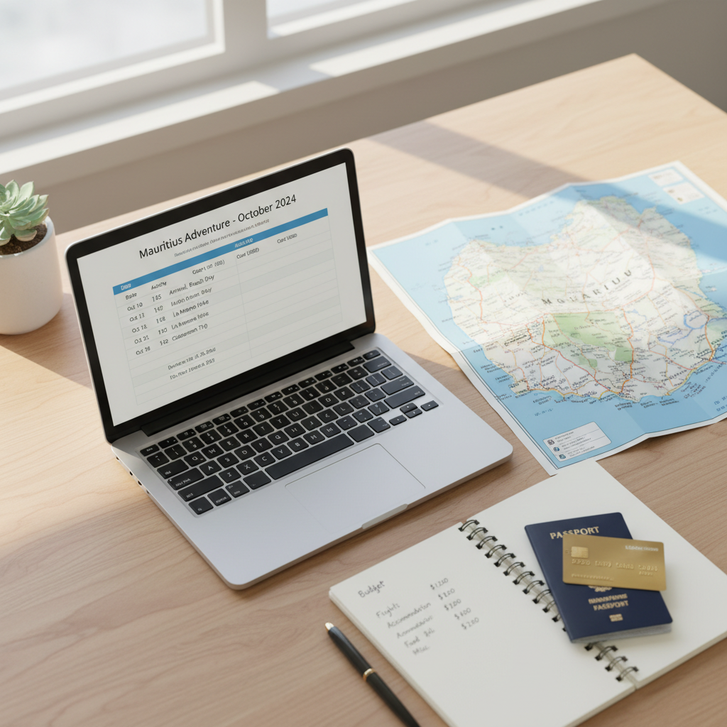 Mauritius travel planning table with itinerary notes and budget items