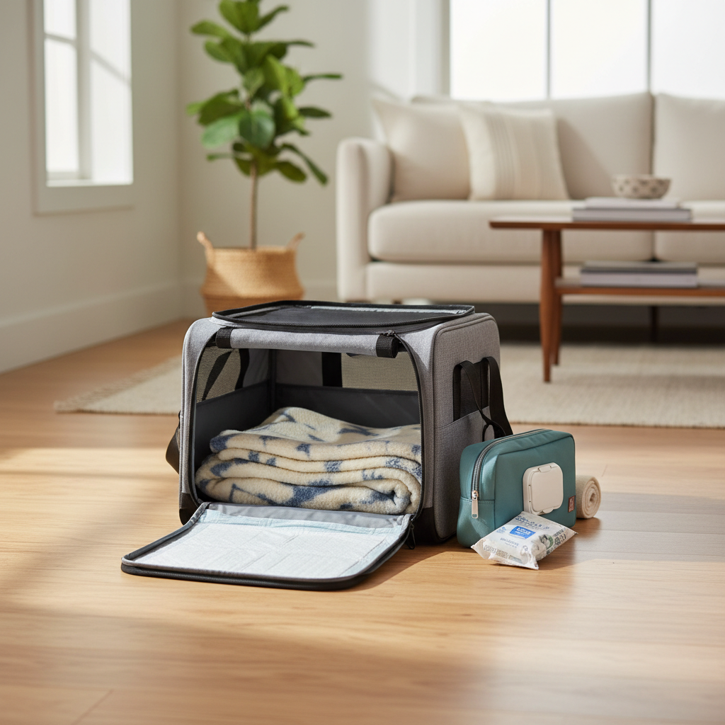 Cozy carrier setup with familiar blanket and absorbent pad for cat travel