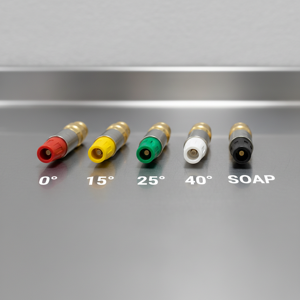 Pressure washer nozzles laid out by degree with color coding