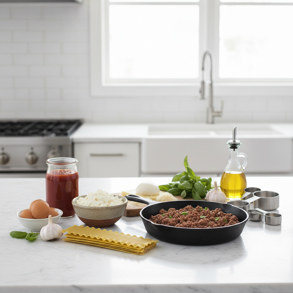Easy homemade lasagna ingredients on a kitchen counter