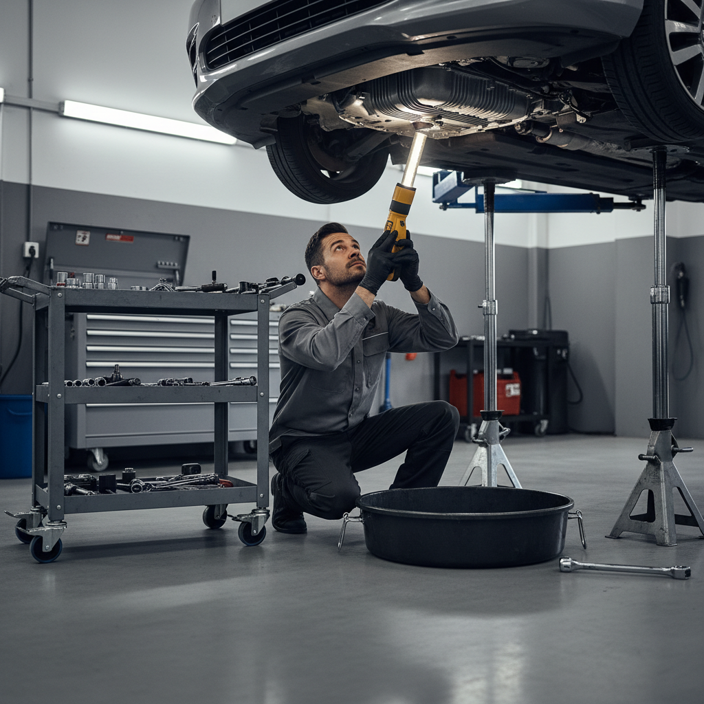 Mechanic using a flashlight to inspect engine oil filter and oil pan area for leaks