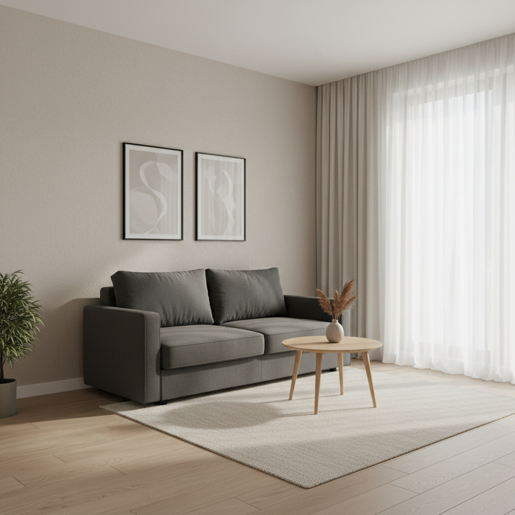 Small living room layout with a compact sofa bed and clear walking path