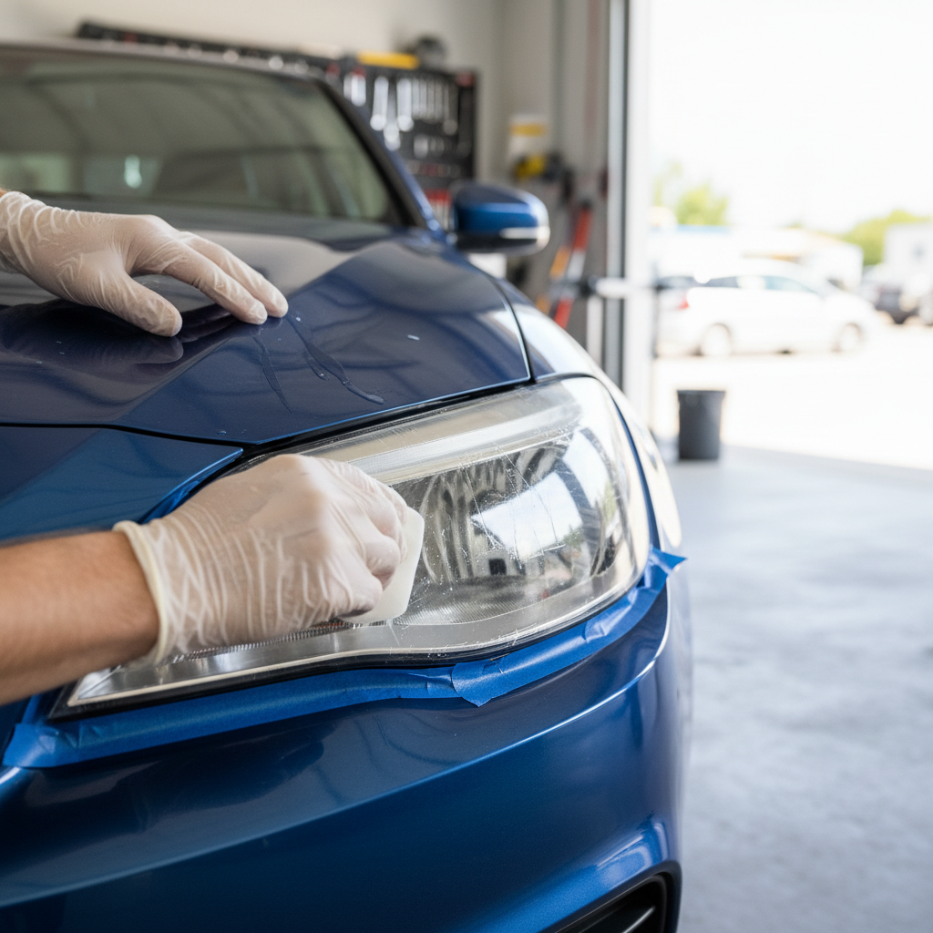 Applying UV sealant to a restored headlight lens for long-lasting clarity