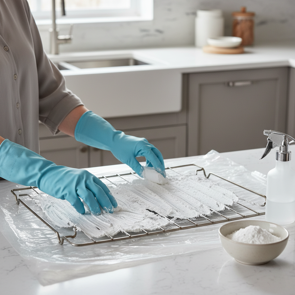 Baking soda paste being spread on oven racks on a plastic sheet