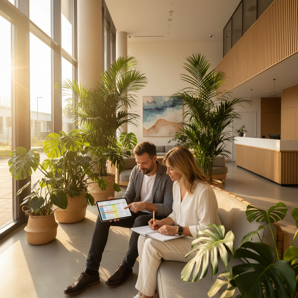Couple reviewing an all-inclusive resort budget on a tablet