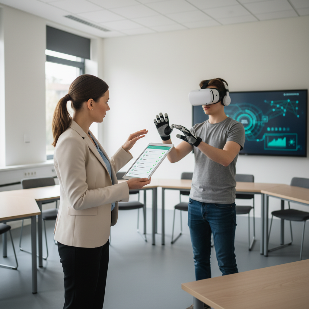 Teacher evaluating a VR training app with a checklist on a tablet
