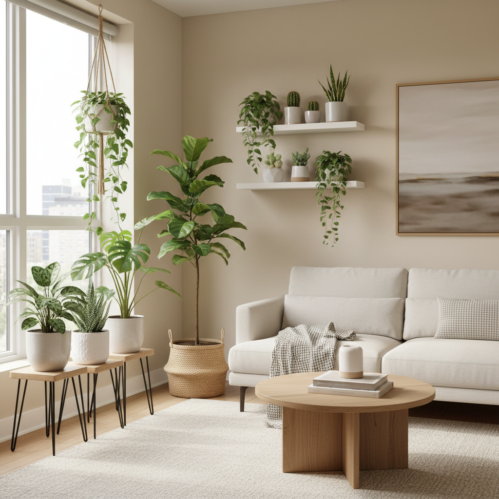 Small apartment living room decorated with plants using shelves and hanging planters
