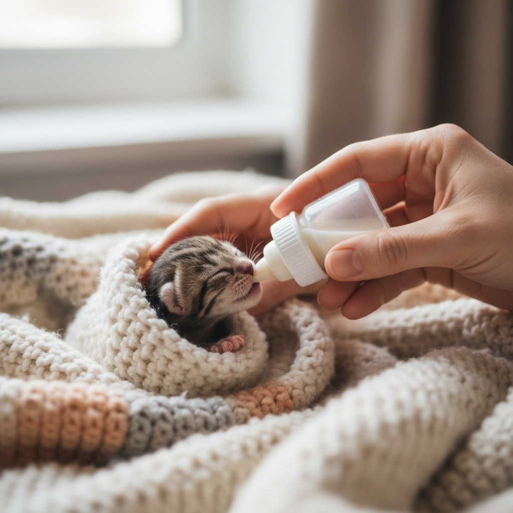 Kitten being bottle-fed kitten milk replacer safely