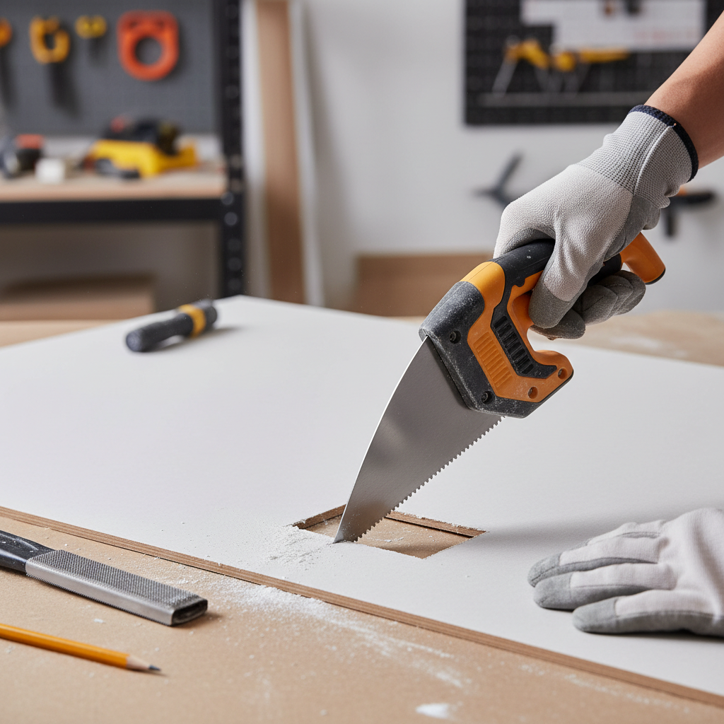 Cutting a drywall outlet opening with a jab saw and cleaning the edge with a rasp