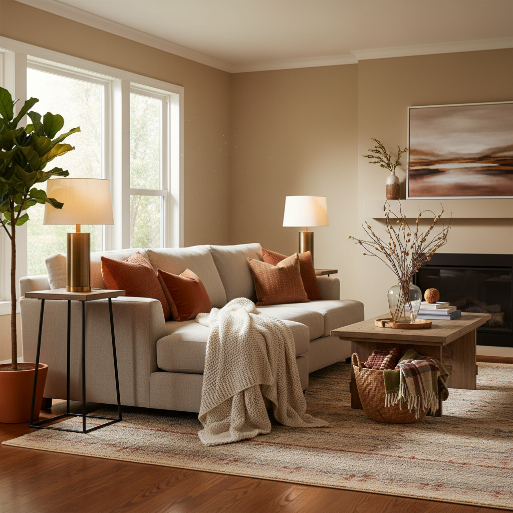 Cozy fall living room with layered throws, warm lighting, and neutral sofa