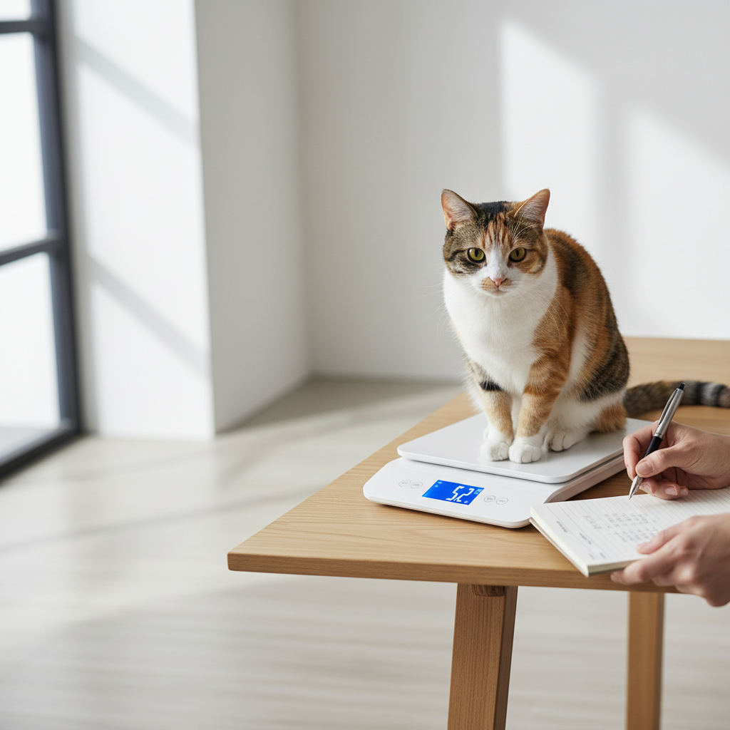 Underweight cat being weighed on a home scale during a safe weight gain plan